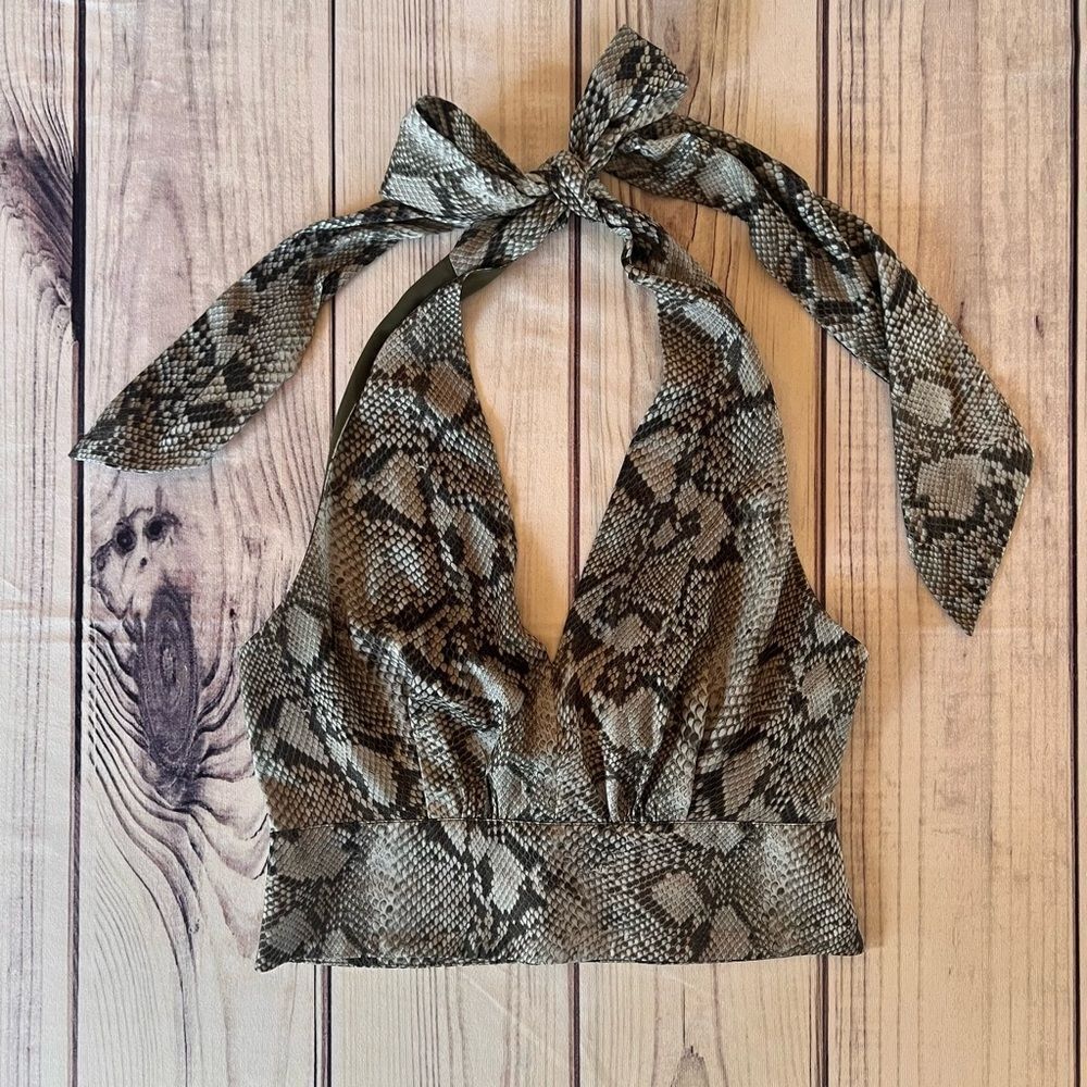 Banana Republic Green Snakeskin Print Halter Crop Top